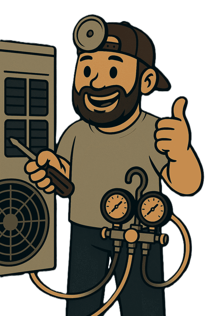 Dr. Naz fixes fridge Smiling refrigeration technician wearing a headlamp, giving a thumbs up while holding a screwdriver and pressure gauges next to an outdoor unit, symbolizing reliable commercial refrigeration repair service.
