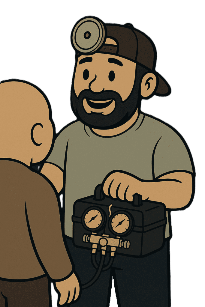 Naz assures the frustrated customer Bearded technician wearing a headlamp and cap, holding a diagnostic pressure gauge tool while speaking to a client, representing professional commercial fridge repair services.