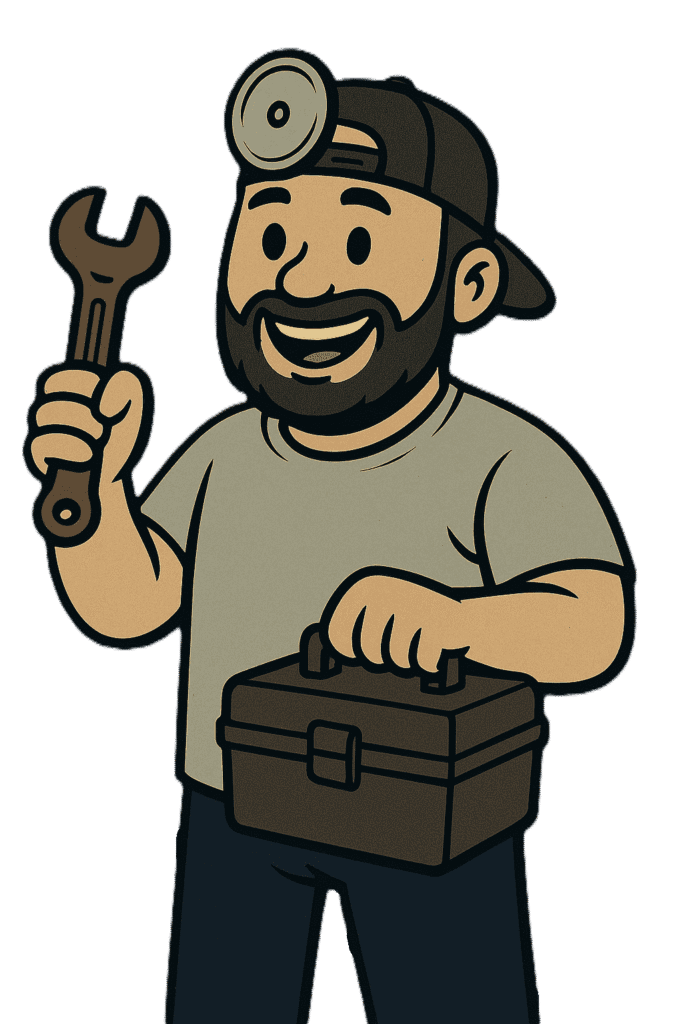 Naz takes tools to work-min Friendly bearded technician wearing a headlamp, holding a wrench and toolbox, representing professional commercial refrigerator repair services.