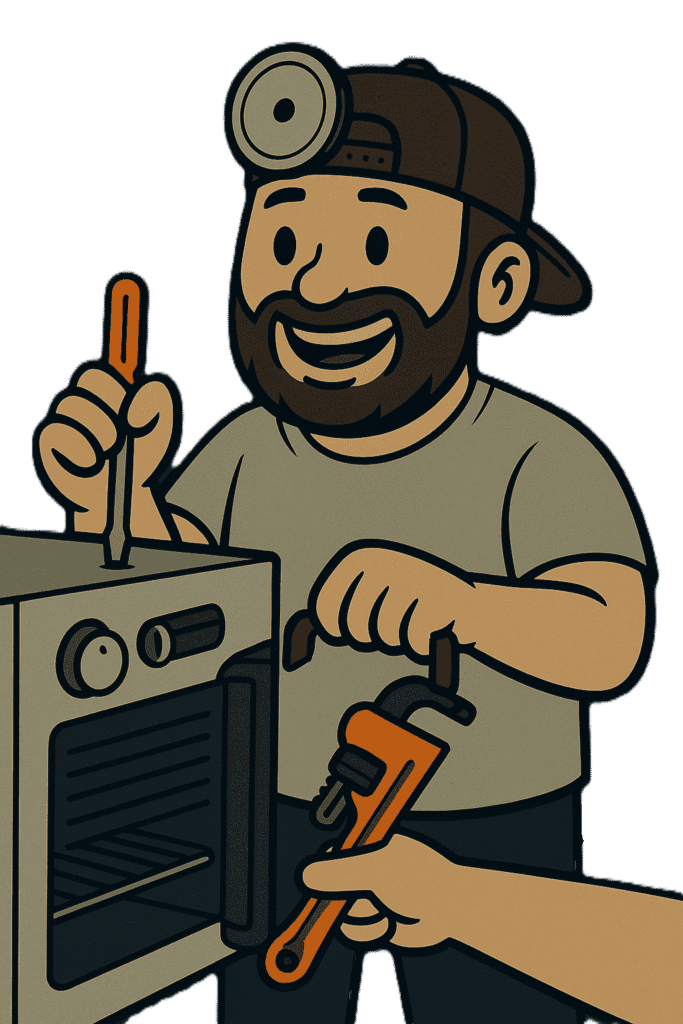 Naz works on appliances with his helper commercial appliance repair specialist A/C Dr. Naz is fixing air condition in Cartoon Style