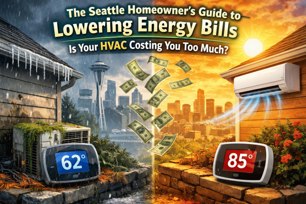Illustration showing an old, inefficient HVAC system in cold, rainy Seattle weather contrasted with a modern ductless mini-split during summer heat, demonstrating how homeowners can lower Seattle energy bills with efficient HVAC upgrades.