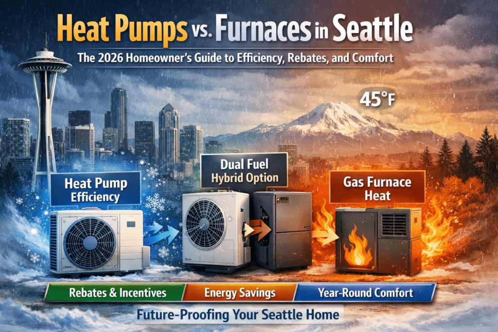 Heat Pumps vs. Furnaces in Seattle: The 2026 Homeowner’s Guide to Efficiency, Rebates, and Comfort. Modern high-efficiency inverter heat pump installed in a King County home, 2026 model.