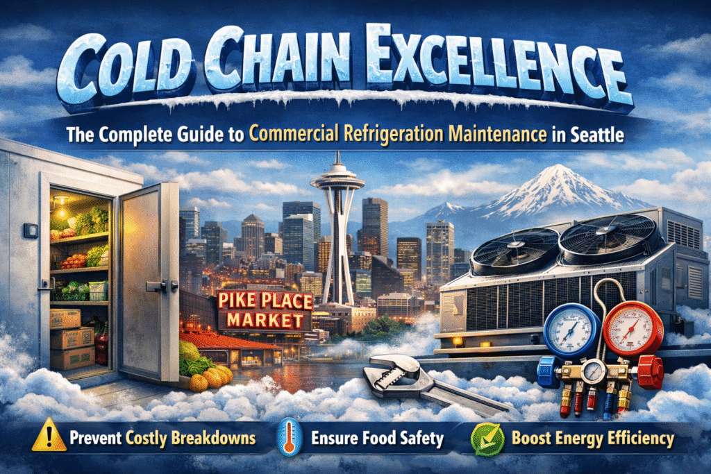 Feature image for 'Cold Chain Excellence: The Complete Guide to Commercial Refrigeration Maintenance in Seattle' showing a walk-in cooler stocked with produce, a commercial rooftop HVAC unit, HVAC gauges and wrench, with the Seattle skyline and Pike Place Market in the background. Highlights food safety, energy efficiency, and preventing costly refrigeration breakdowns.