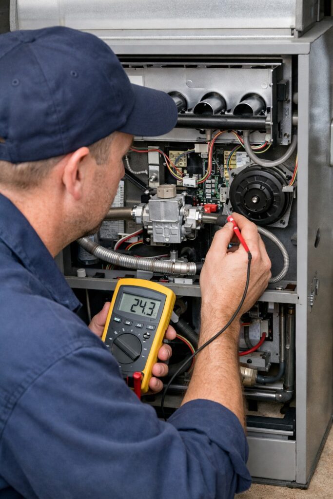 A HVAC/R certified technician is diagnosing gas furnace using digital multimeter