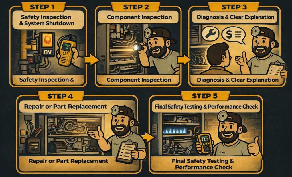 Gas furnance repair process outlined by A/C Dr. Naz. Featuring: Safety inspection, component inspection, Diagnostic and clear explanation to the customers, repair or part replacement, safety testing