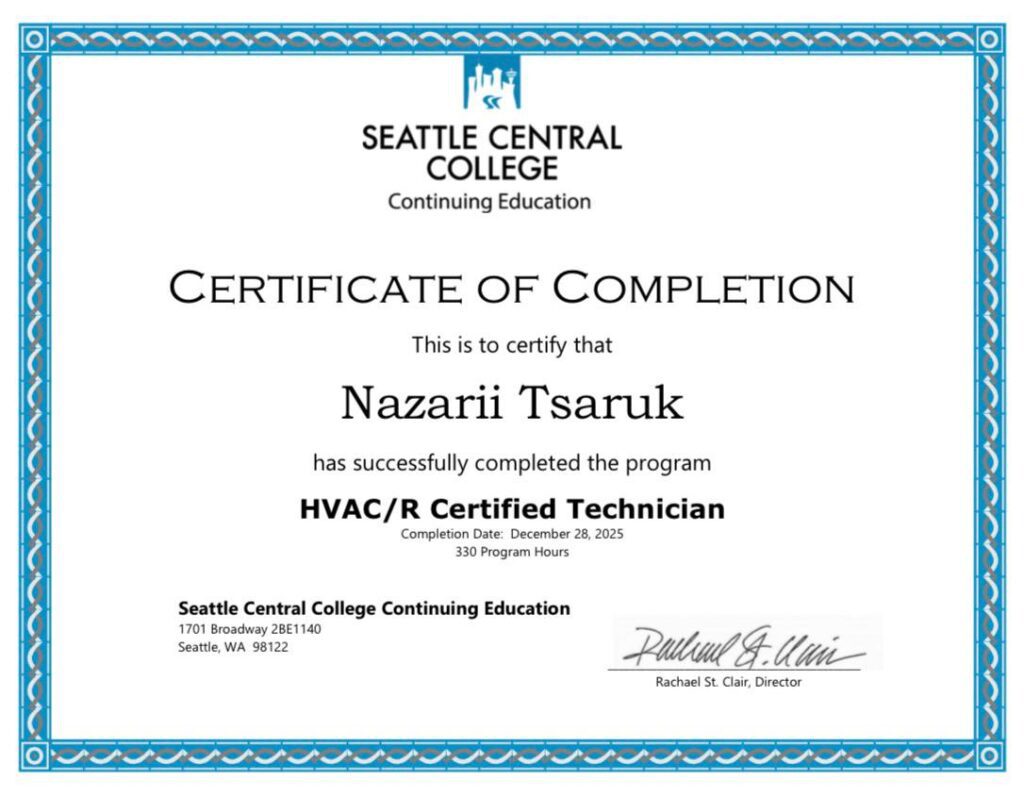 HVAC/R Certification for Nazarii Tsaruk/A/C Dr. Naz.