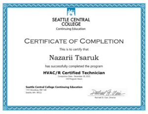 HVAC/R Certification for Nazarii Tsaruk/A/C Dr. Naz.