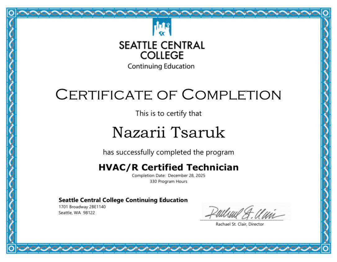 HVAC/R Certification for Nazarii Tsaruk/A/C Dr. Naz. 