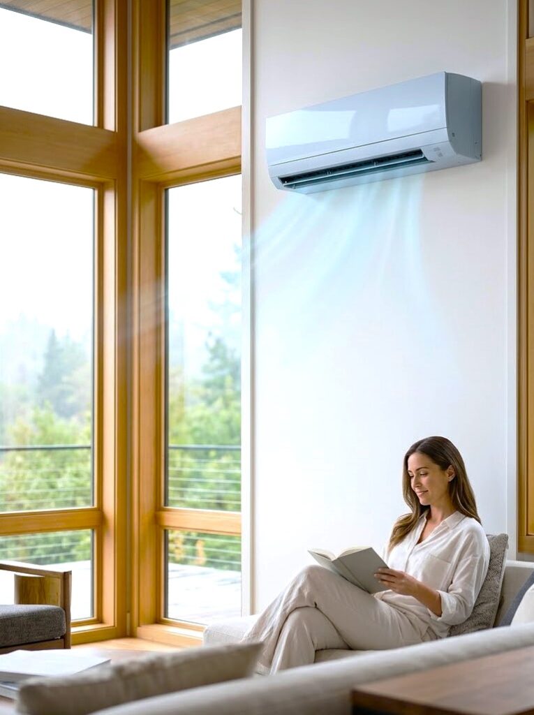 A beautifully climate-controlled, modern living room in the Pacific Northwest featuring a sleek, quiet indoor mini-split unit mounted on a clean wall. The scene overlooks a misty Seattle landscape, showcasing the comfortable environment created by A/C Dr. Naz's high-efficiency heat pump installation.