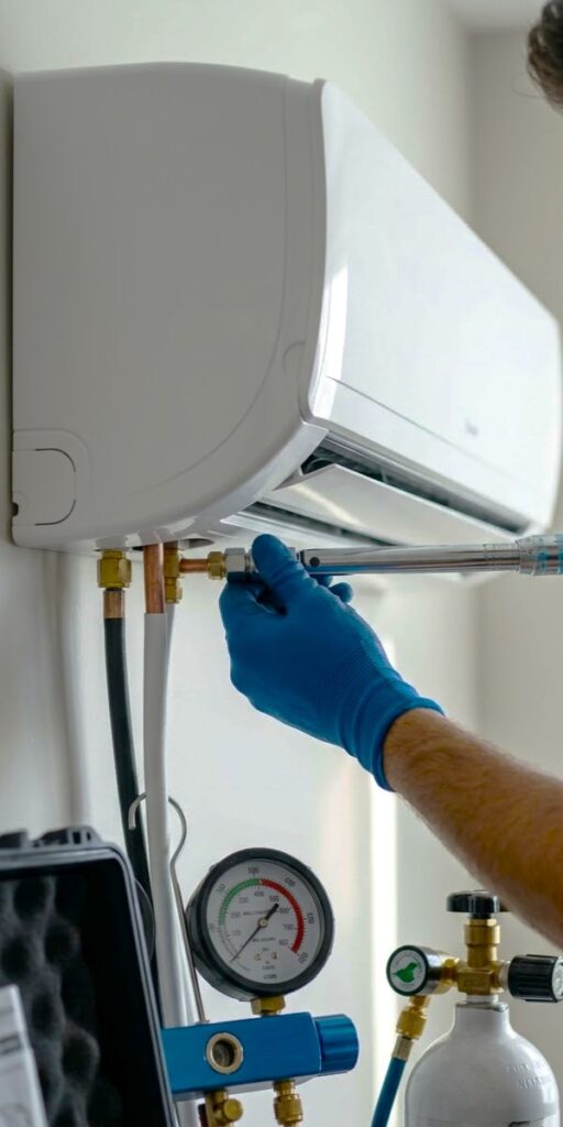 A focused technician's hands carefully tightening a flare connection on a newly installed modern mini-split head with a calibrated torque wrench. Specialized tools including a micron vacuum gauge and a nitrogen purging regulator are visible, proving A/C Dr. Naz's adherence to the 500-micron standard.
