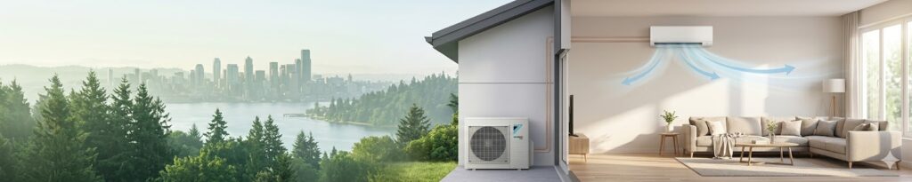 An ultra-wide panoramic visualization mapping the journey from a misty Seattle morning to indoor comfort. It transitions from a view of Puget Sound, through a detailed architectural cross-section of a modern house, to a cozy, perfectly climate-controlled interior featuring a sleek Daikin Aurora mini-split system.