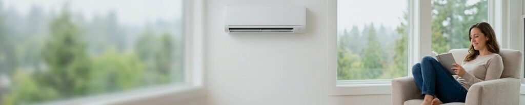 An ultra-wide panoramic visualization capturing completed home comfort in the Seattle area. A relaxed homeowner enjoys a novel in their cozy, perfectly temperate modern home, with a discreet A/C Dr. Naz mini-split unit providing silent, year-round temperature stability.