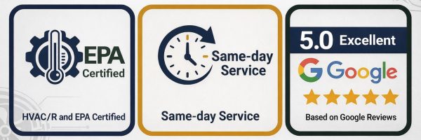 A professional, wide-aspect trust point banner for an HVAC business, featuring three distinct panels on a light gray background. The left panel shows HVAC/R and EPA certification icons with the bold text "HVAC/R and EPA Certified." The middle panel features a blue clock icon with the bold text "Same-day Service." The right panel displays a Google "G" logo, a 5.0-star rating with five gold stars, and the words "5.0 Excellent" and "Based on Google Reviews." The entire graphic uses a professional palette of navy blue, gold, and gray with bold borders around each section.