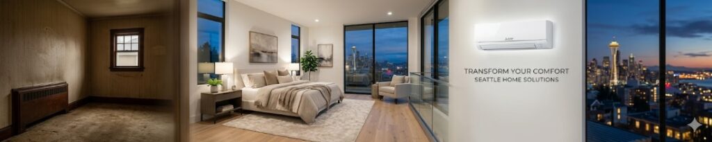 A professional, ultra-wide website hero banner with a 5:1 aspect ratio, showcasing a home comfort transformation in Seattle. On the left, a dimly lit, dated room features an old dark wood baseboard heater and aged wallpaper. This section seamlessly transitions into a bright, modern luxury bedroom with clean white walls, high-end furniture, and a sleek white ductless mini-split unit mounted high on the wall. Large floor-to-ceiling windows reveal a cinematic view of the Seattle skyline and Space Needle at dusk. The right side includes the text "TRANSFORM YOUR COMFORT" and "SEATTLE HOME SOLUTIONS" in a minimalist sans-serif font.