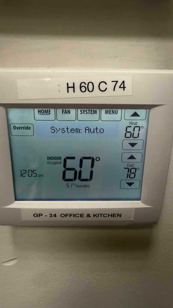 HVAC control panel for a commercial office and kitchen space showing precise temperature management and humidity control settings.