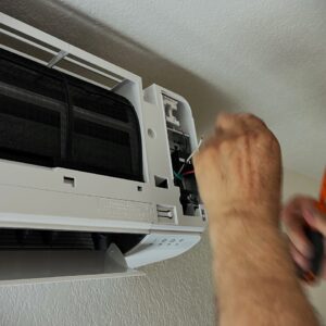 A visual visualization of the home comfort journey provided by A/C Dr. Naz in the North Sound. The panoramic image shows a seamless transition from a misty Seattle morning to a perfectly controlled interior, highlighting our specialized Daikin Aurora and Mitsubishi Hyper-Heat baseboard-to-ductless conversion solutions.