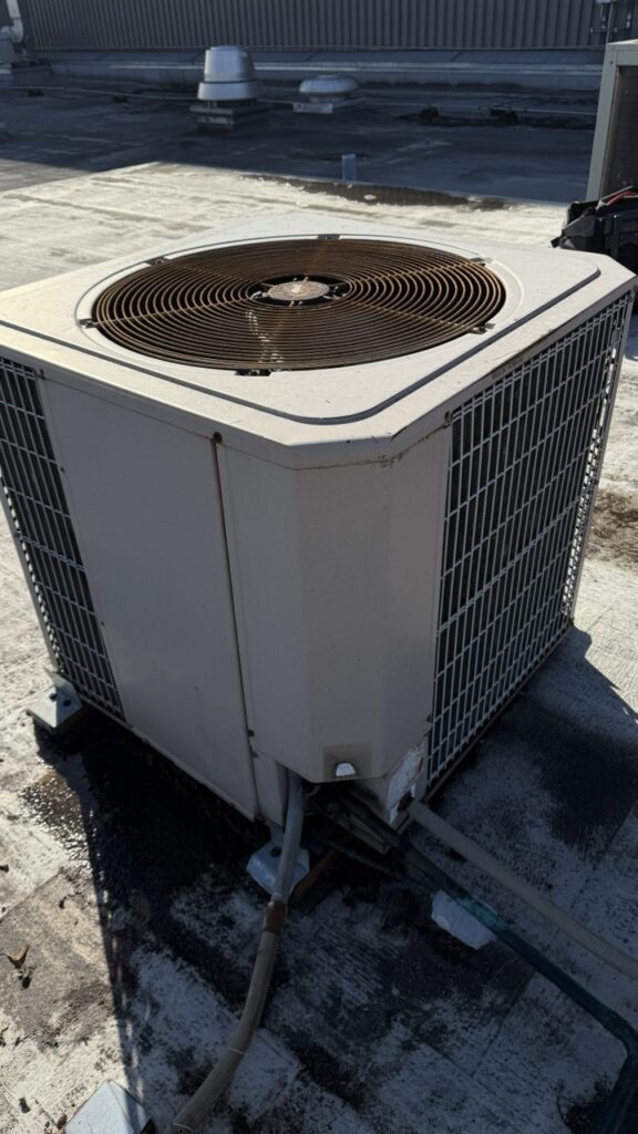Close-up of refrigerant lines and electrical conduits for a York commercial AC system during a same-day repair call.