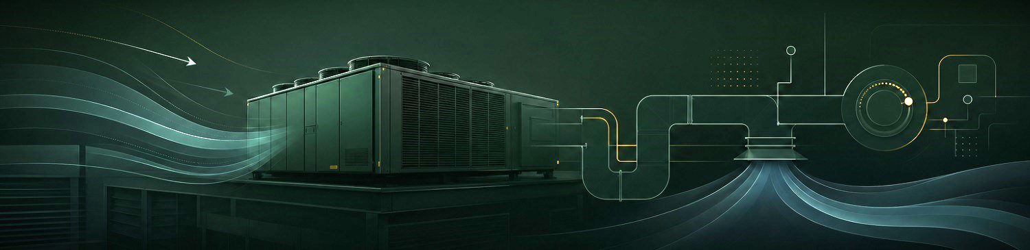 Abstract commercial HVAC graphic in deep green-black tones.