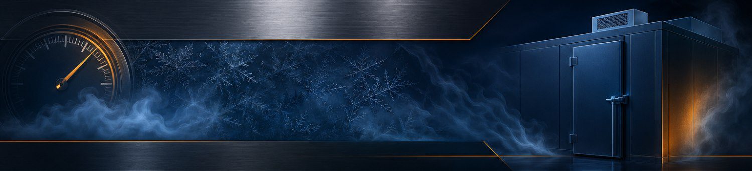 Abstract commercial refrigeration graphic in navy, charcoal, and amber.