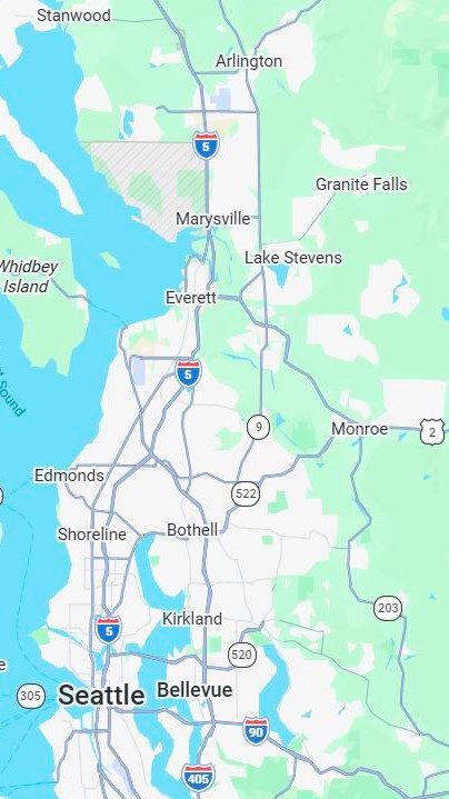 Service area map for Commercial Refrigeration Repair Hub, covering the Puget Sound region from Seattle north through Everett and Marysville to Arlington.
