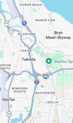 Commercial refrigeration repair service area map showing Tukwila, Washington and surrounding South King County business areas