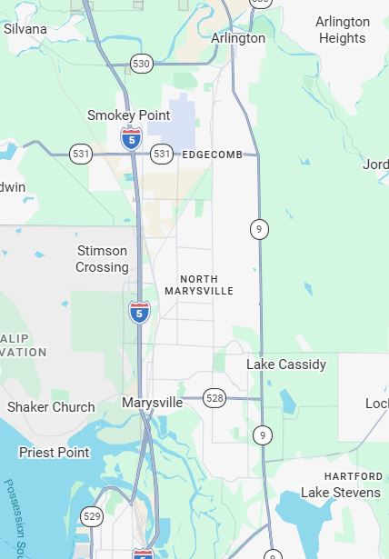 Map of A/C Dr. Naz service area for walk-in cooler repair in Marysville, WA, covering commercial hubs in zip codes 98270 and 98271. The service zone extends from Downtown Marysville and the Waterfront to Smokey Point and Tulalip, providing same-day expert diagnostics for local businesses.