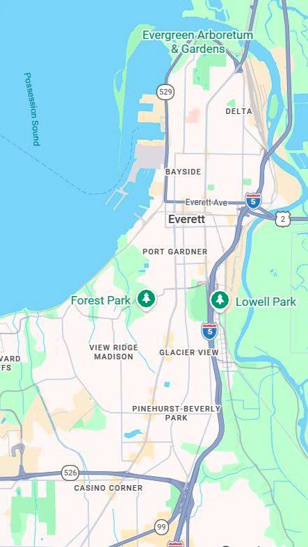 Service area map for A/C Dr. Naz providing walk-in cooler repair in Everett, WA, covering zip codes 98201, 98203, 98204, 98205, 98207, and 98208.