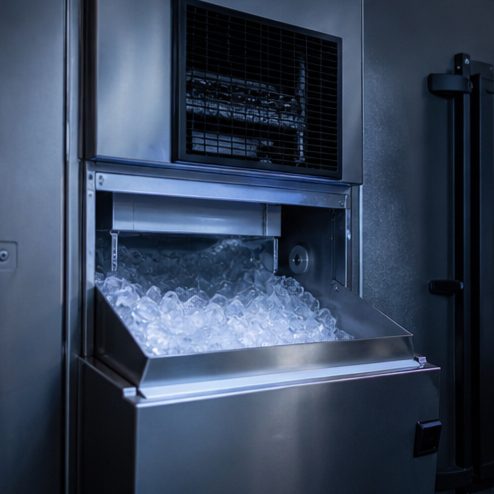 Commercial ice or line refrigeration equipment with condensation highlights, illustrating alarms triggered under hotter kitchen conditions.