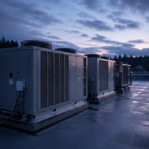 Packaged rooftop HVAC units on a flat roof at dusk, illustrating cooling capacity limits during peak summer nights.