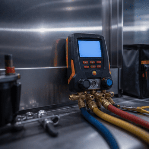 Technician diagnostic gauges or metering setup near HVAC/R components, illustrating how verified readings guide repairs.