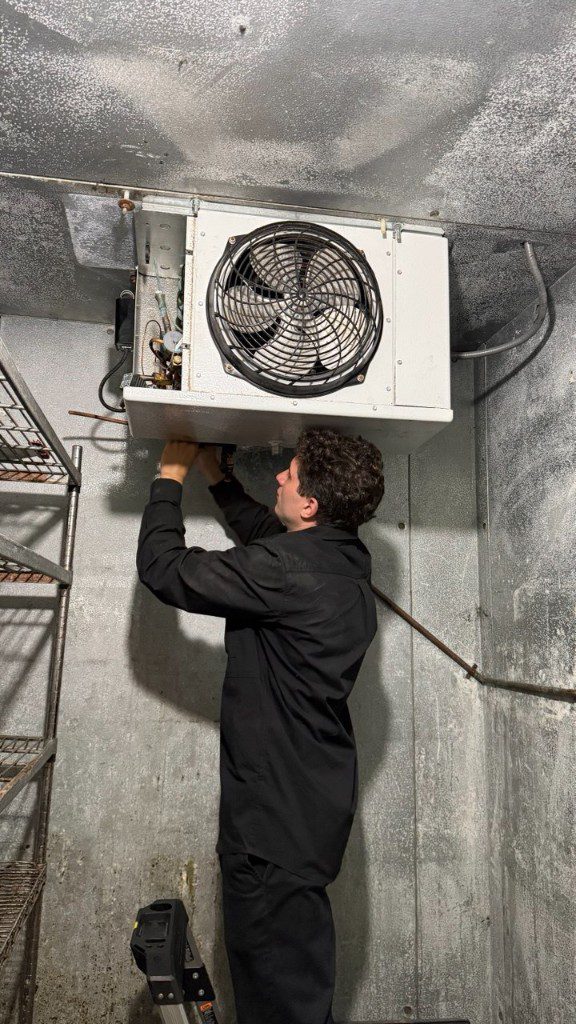 A/C Dr. Naz technician on a ladder servicing an open walk-in cooler evaporator unit