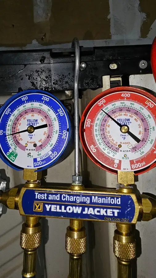 A/C Dr. Naz checking refrigerant pressure on a walk-in cooler