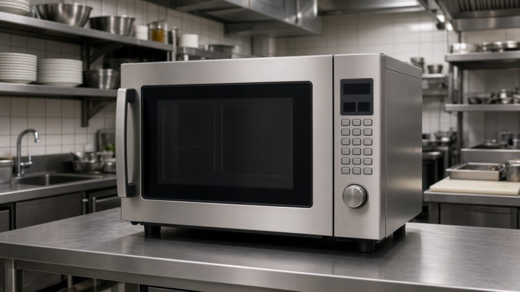 Stainless commercial microwave with the door closed on a restaurant prep counter