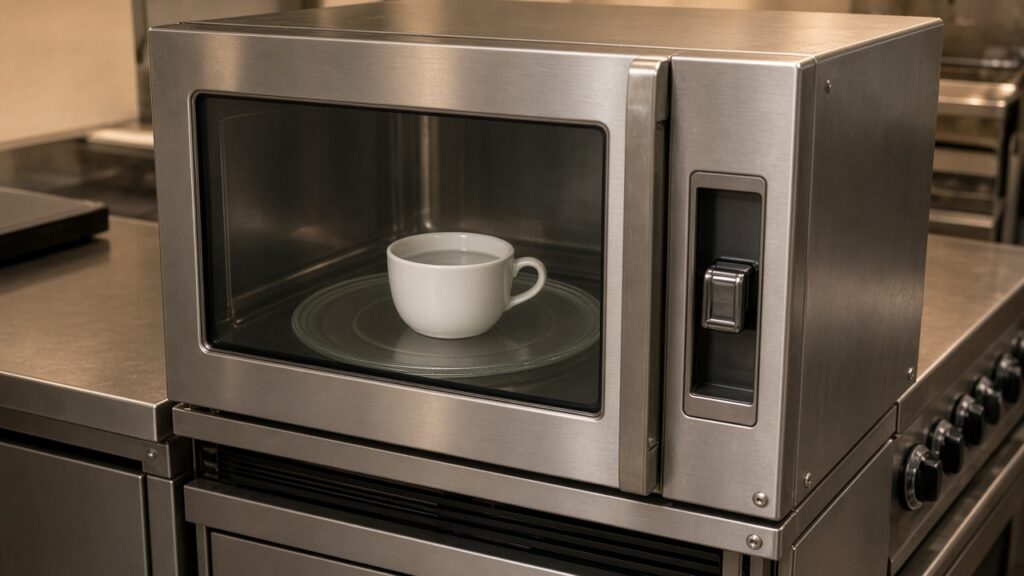 Cup of water inside a closed commercial microwave for a heat check